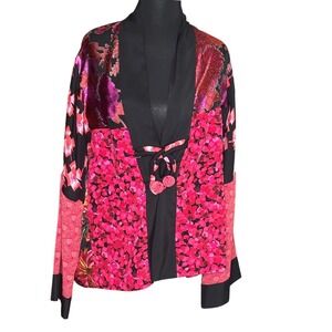 Floral Patchwork Kimono Jacket Pink Black Paisley Burnout Velvet Artsy Boho Wrap